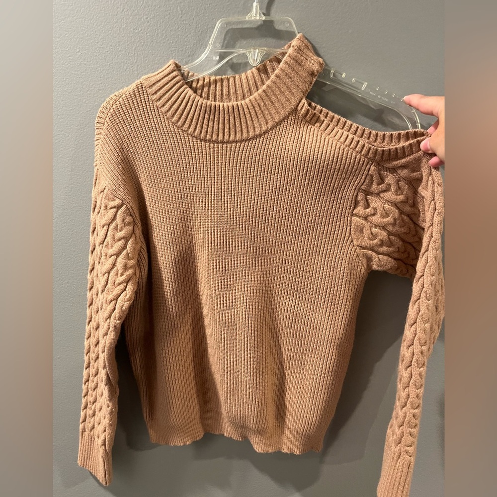 Tan sweater with peep shoulder